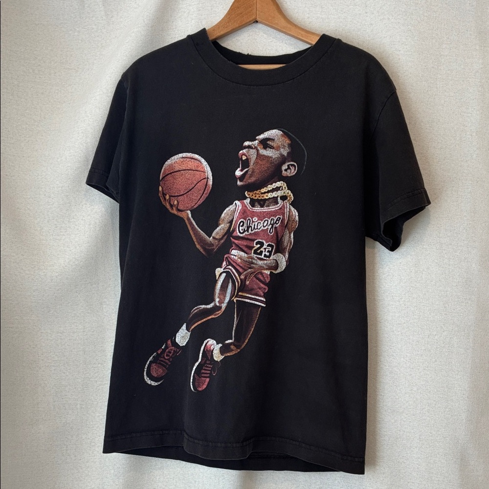 Vtg Michael Jordan Chicago Bulls Black Graphic Basketball T-Shirt #23 GUC